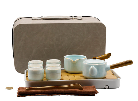 Draagbare reistheeset met blauwe zijgreep theepot # 93451