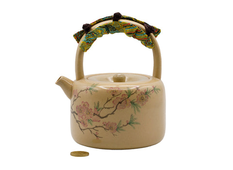 Hand-painted Ceramic Teapots with Colorful Fabric-Wrapped Handles and Floral Designs # 93471