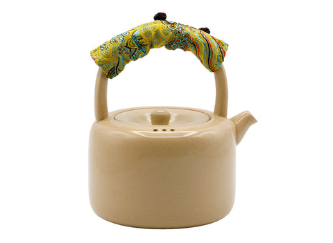 Hand-painted Ceramic Teapots with Colorful Fabric-Wrapped Handles and Floral Designs # 93471