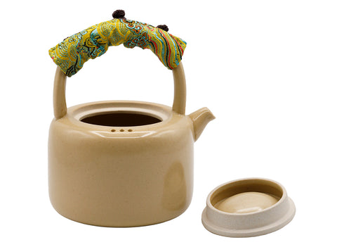 Hand-painted Ceramic Teapots with Colorful Fabric-Wrapped Handles and Floral Designs # 93471