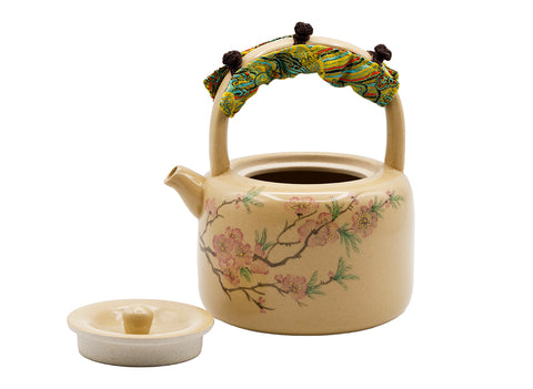 Hand-painted Ceramic Teapots with Colorful Fabric-Wrapped Handles and Floral Designs # 93471
