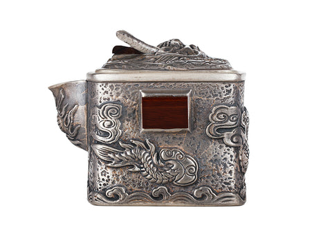 Silver‑Coated Clay Square Dragon Teapot with Red Wood Inlays # 94468