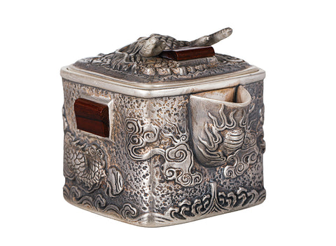 Théière carrée en argile argentée avec dragon et incrustations en bois rouge # 94468