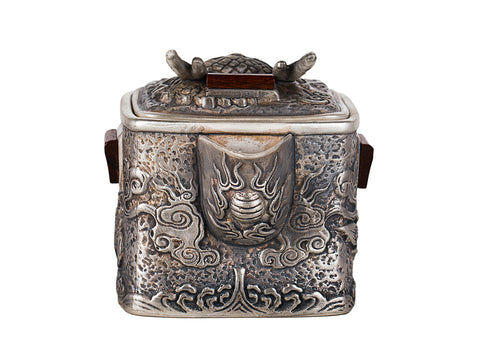 Théière carrée en argile argentée avec dragon et incrustations en bois rouge # 94468