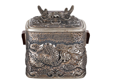 Théière carrée en argile argentée avec dragon et incrustations en bois rouge # 94468