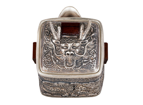 Théière carrée en argile argentée avec dragon et incrustations en bois rouge # 94468