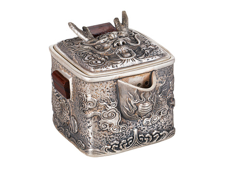Théière carrée en argile argentée avec dragon et incrustations en bois rouge # 94468