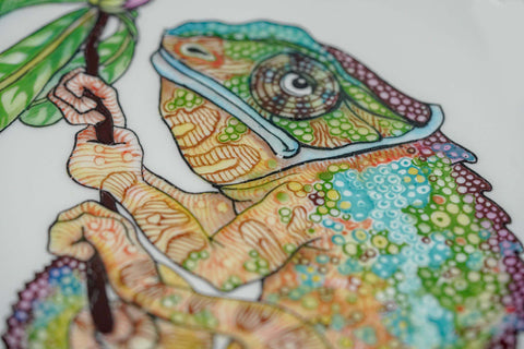 Colorfull Cameleon. Wood-fired hand painted porcelain Plate.