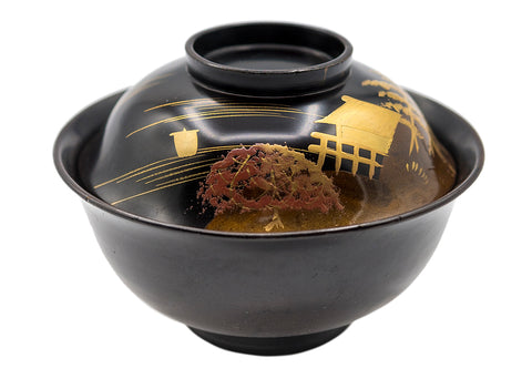 Japanese vintage bowl, wood, lacquer, hand painting #90503