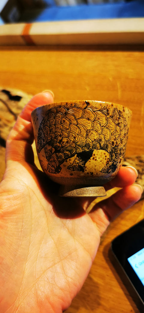 Cup # 90009, wood firing /hand painting