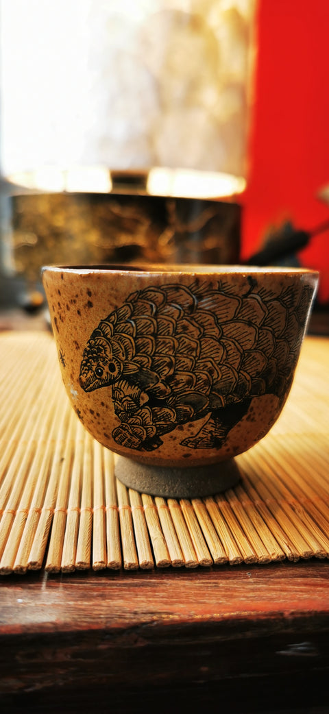 Cup # 90009, wood firing /hand painting