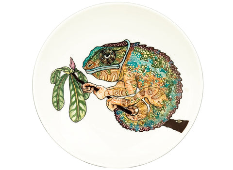 Colorfull Cameleon. Wood-fired hand painted porcelain Plate.