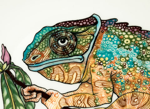 Colorfull Cameleon. Wood-fired hand painted porcelain Plate.