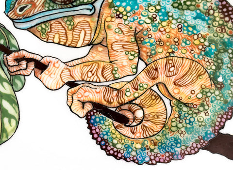 Colorfull Cameleon. Wood-fired hand painted porcelain Plate.