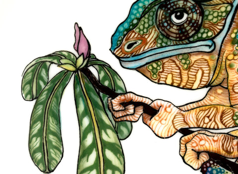 Colorfull Cameleon. Wood-fired hand painted porcelain Plate.