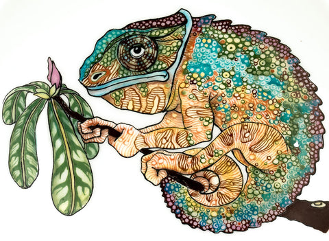 Colorfull Cameleon. Wood-fired hand painted porcelain Plate.
