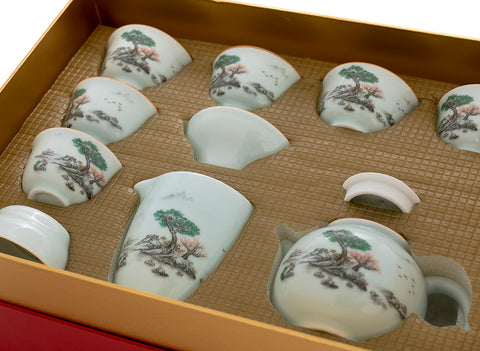 Set for tea ceremony (9 items) # 91051, porcelain: teapot 215 ml, gundaobey 200 ml, teamesh, six cups 56 ml.